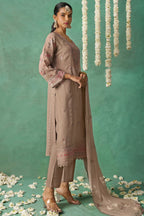 Dusty Rose Organza Kameez with Pant & Chiffon Dupatta For Ladies Indian Festivals & Weddings - Thread Embroidery Work