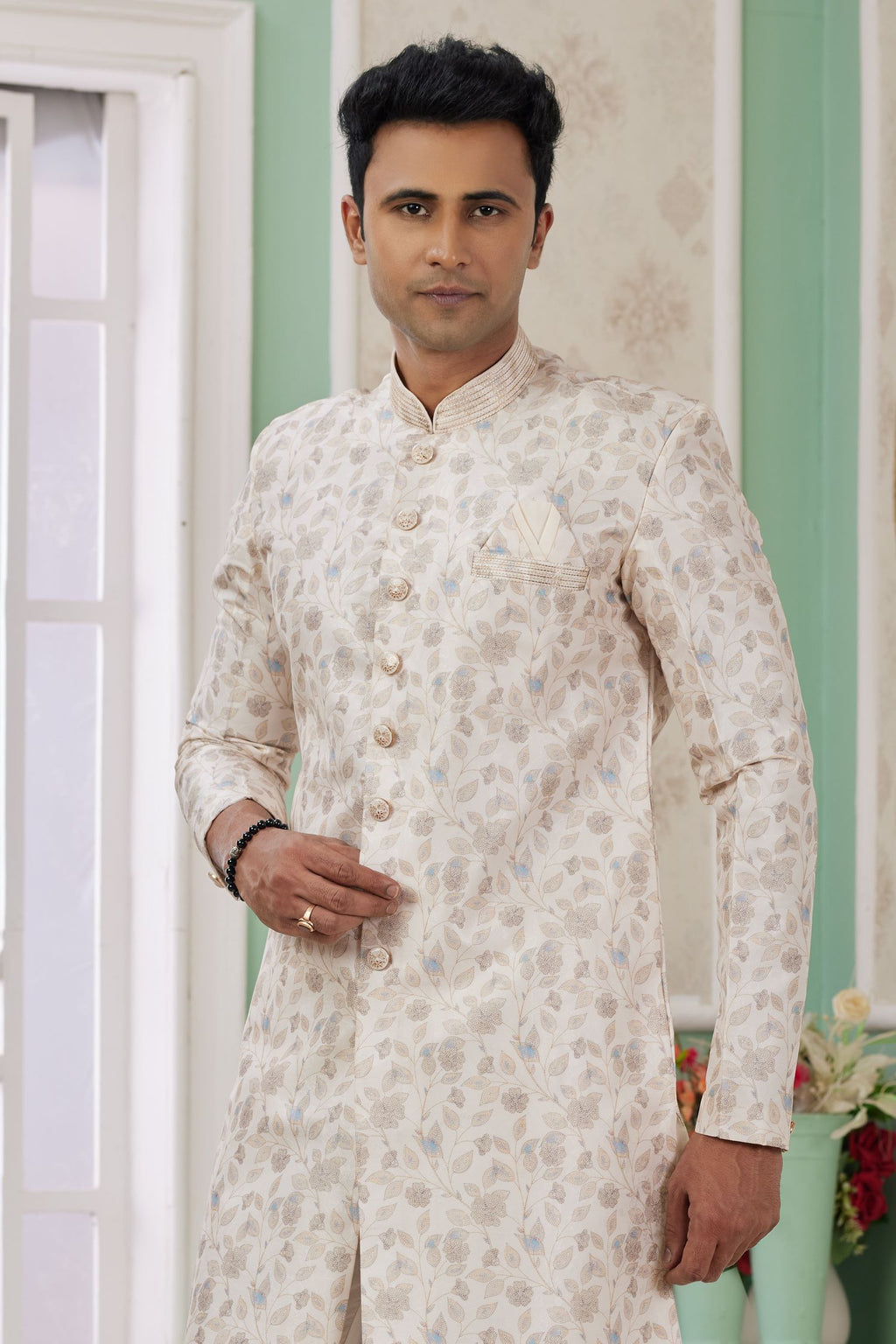 Light Cream Jacquard Silk Men's Indo Western Clothing with Embroidery Work