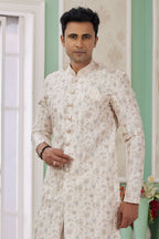 Light Cream Jacquard Silk Men's Indo Western Clothing with Embroidery Work