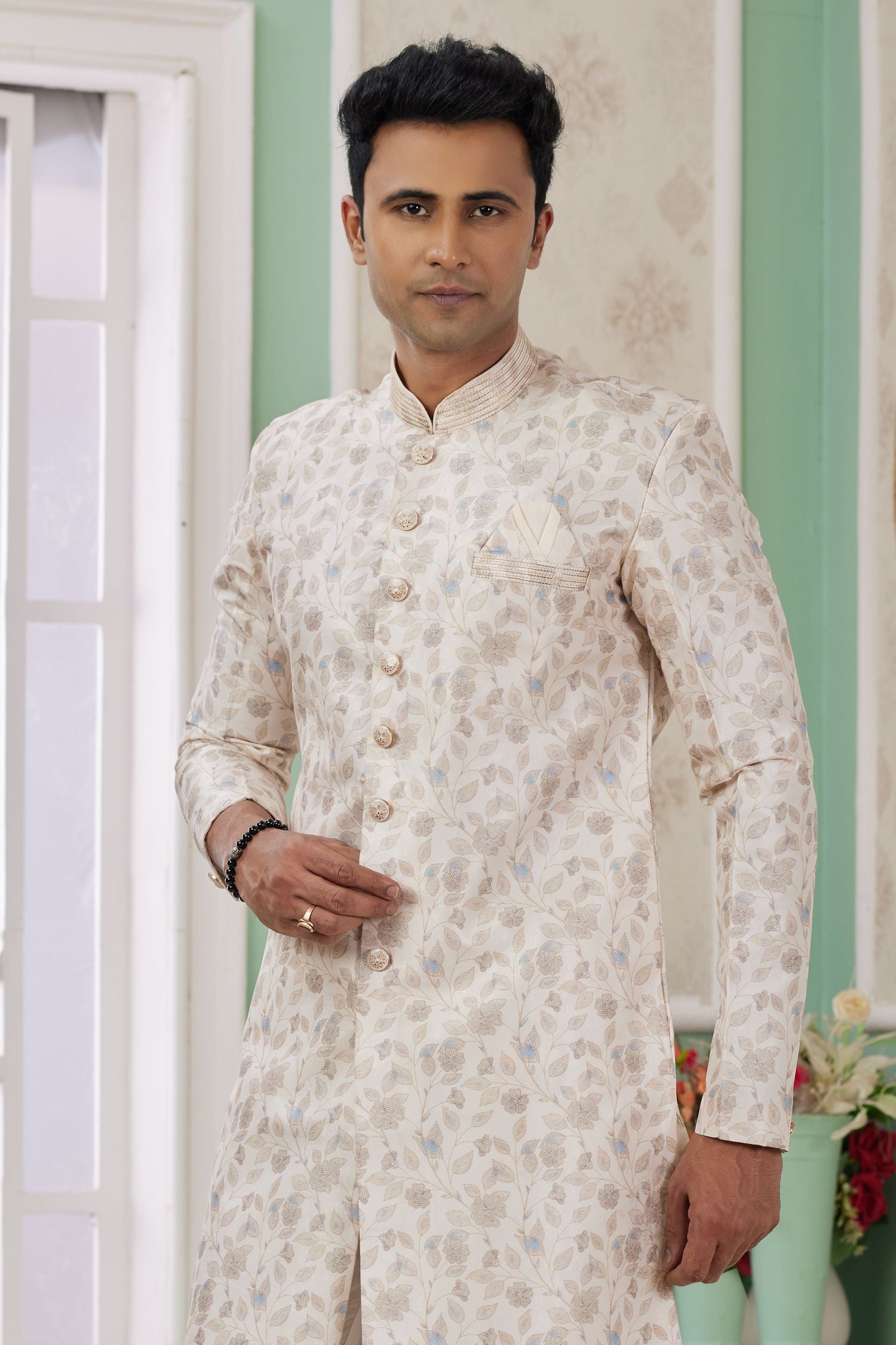 Light Cream Jacquard Silk Men's Indo Western Clothing with Embroidery Work
