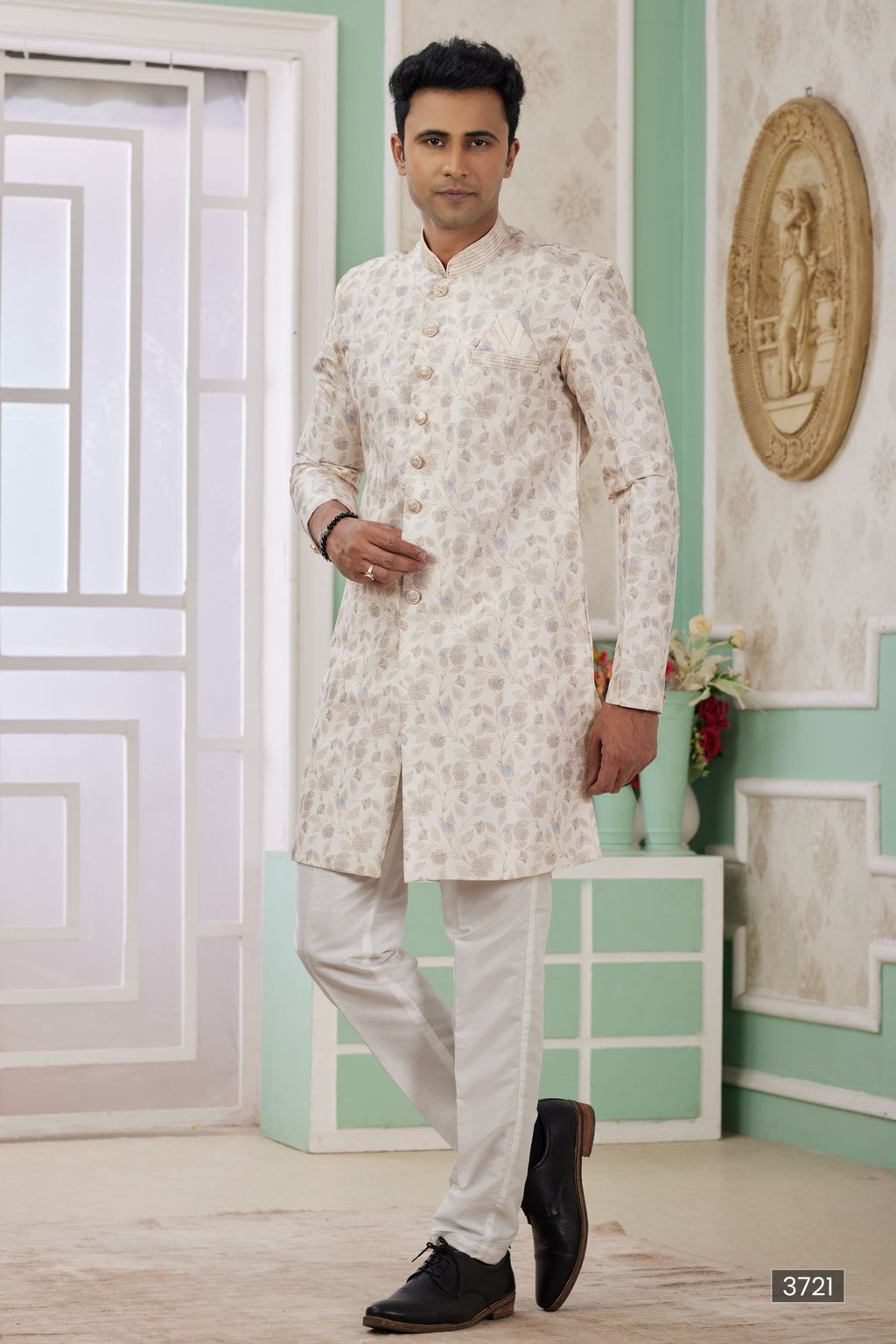 Light Cream Jacquard Silk Men's Indo Western Clothing with Embroidery Work