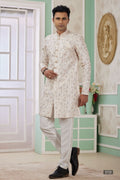 Light Cream Jacquard Silk Men's Indo Western Clothing with Embroidery Work