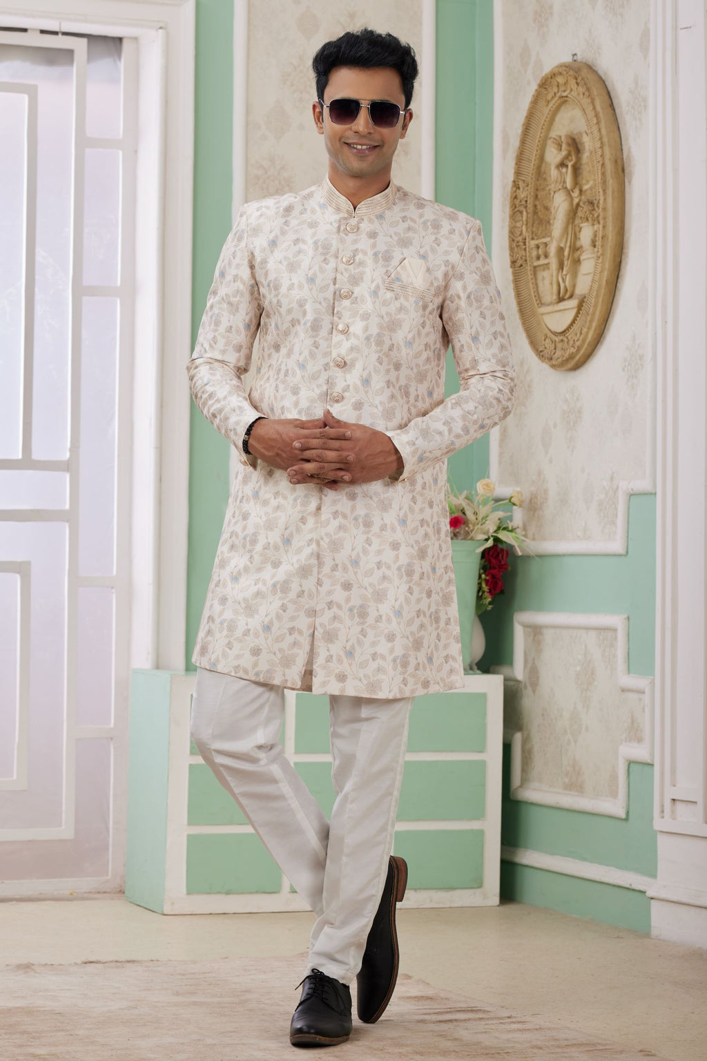 Light Cream Jacquard Silk Men's Indo Western Clothing with Embroidery Work