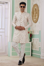 Light Cream Jacquard Silk Men's Indo Western Clothing with Embroidery Work