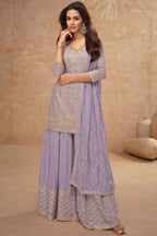 Light Dusty Blue Chinon Silk Plazo Suit For Indian Weddings & Pakitani Festival - Embroidery Work