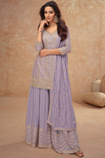 Light Dusty Blue Chinon Silk Plazo Suit For Indian Weddings & Pakitani Festival - Embroidery Work