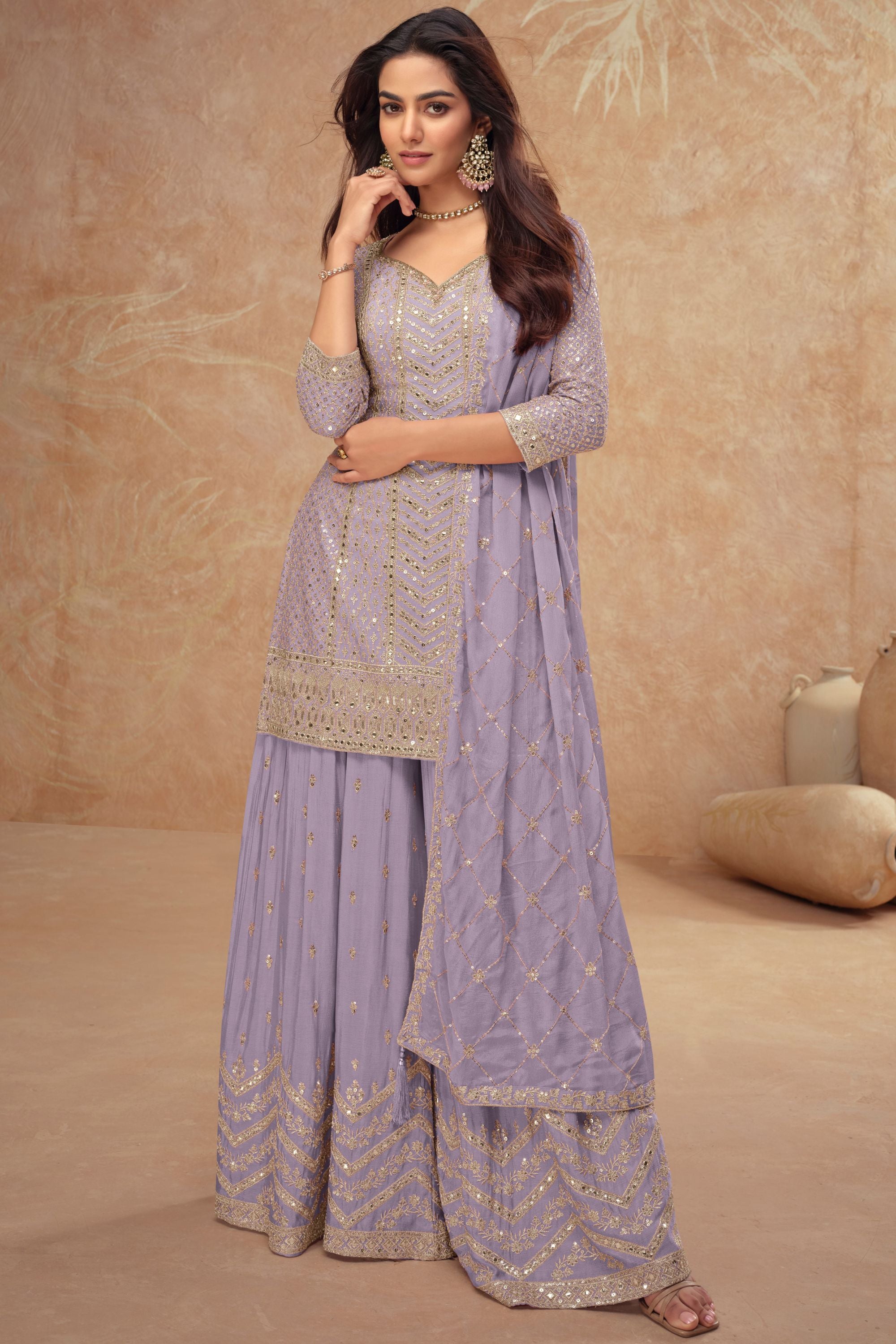 Light Dusty Blue Chinon Silk Plazo Suit For Indian Weddings & Pakitani Festival - Embroidery Work
