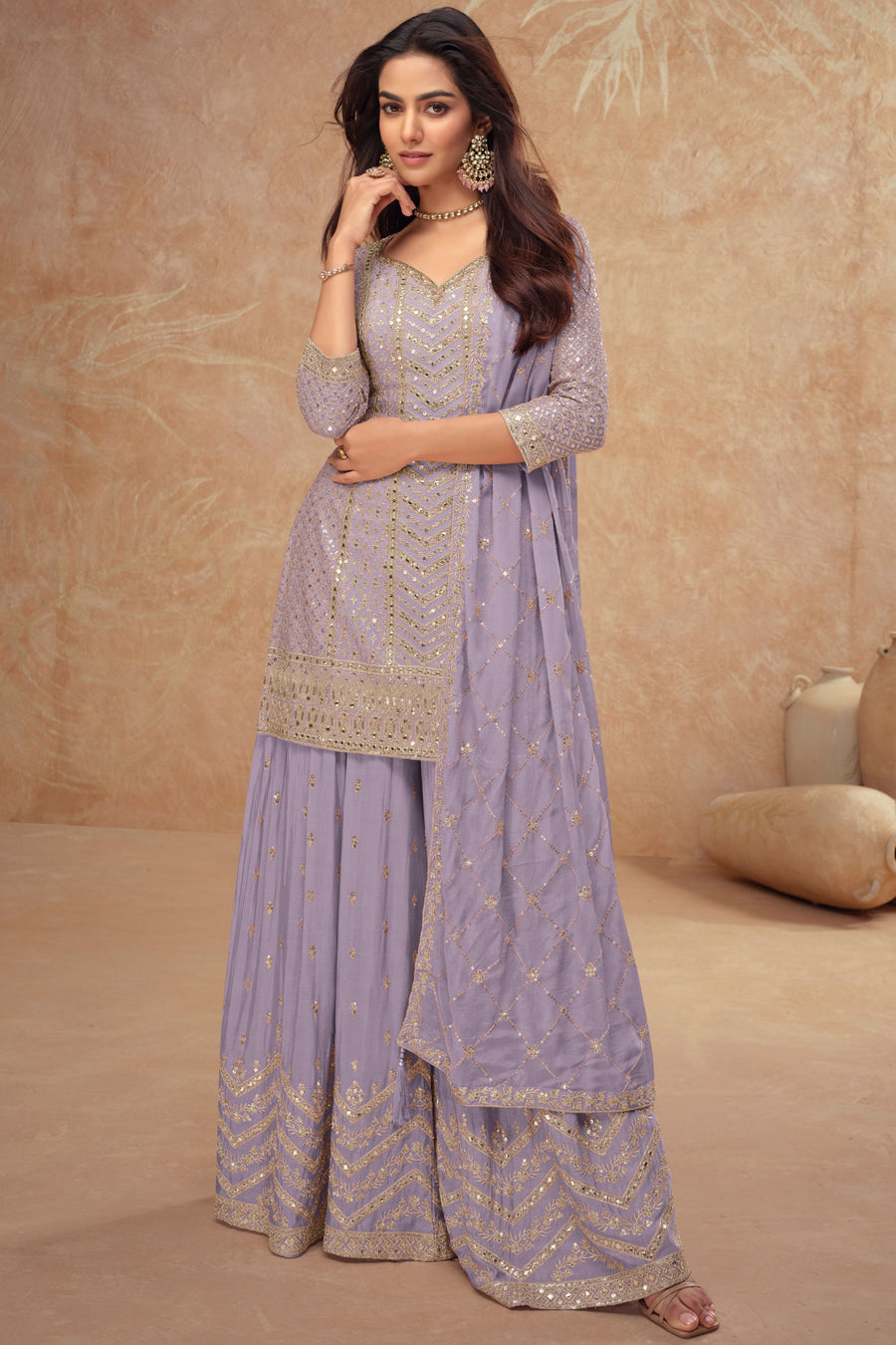 Light Dusty Blue Chinon Silk Plazo Suit For Indian Weddings & Pakitani Festival - Embroidery Work