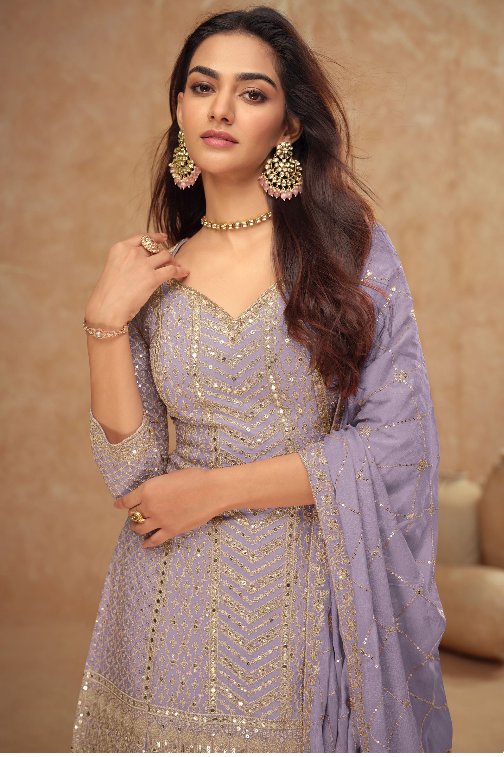 Light Dusty Blue Chinon Silk Plazo Suit For Indian Weddings & Pakitani Festival - Embroidery Work