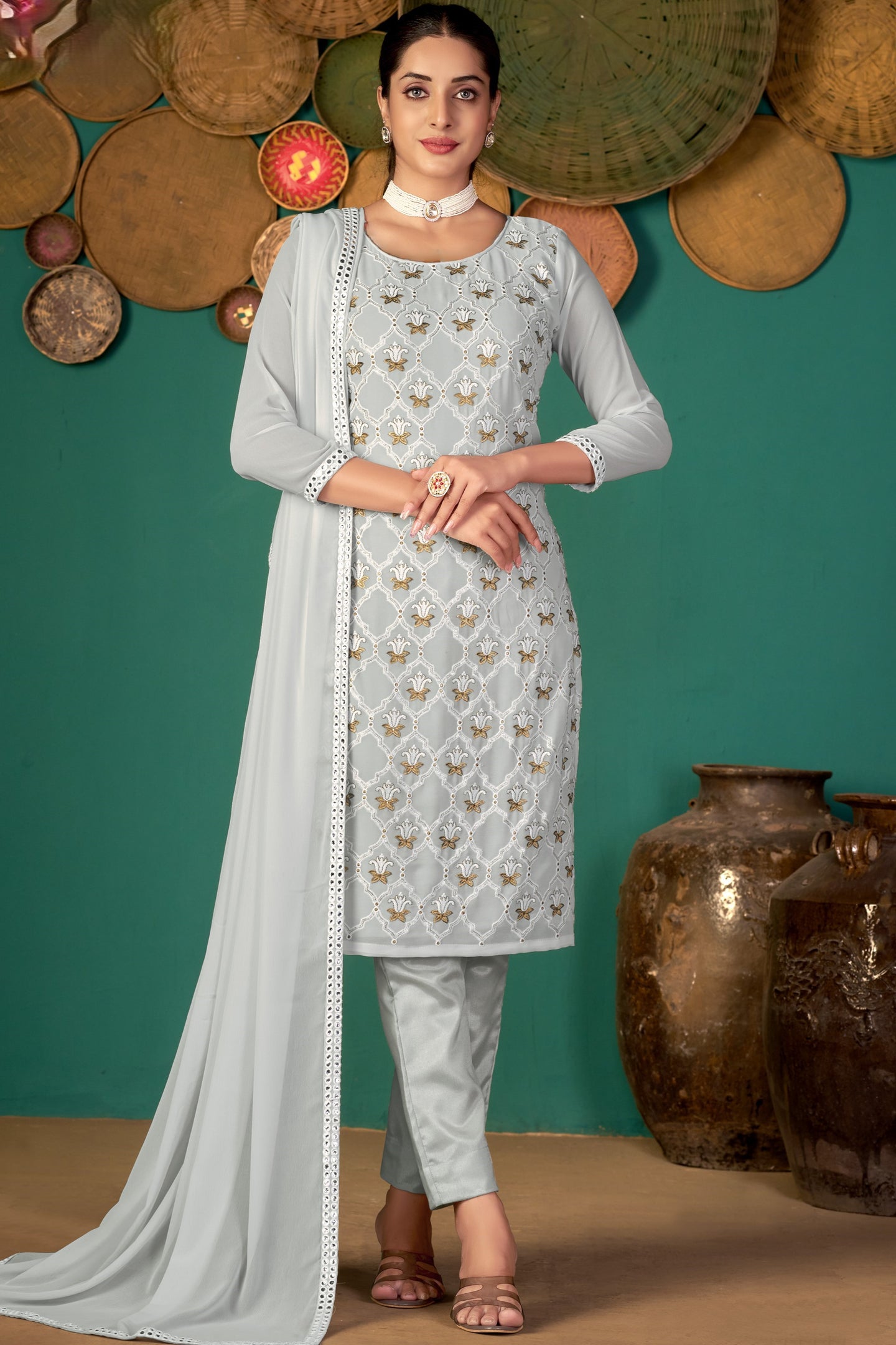 Light Gray Georgette Kameez with Pant For Ladies Indian Festivals & Weddings - Embroidery Work