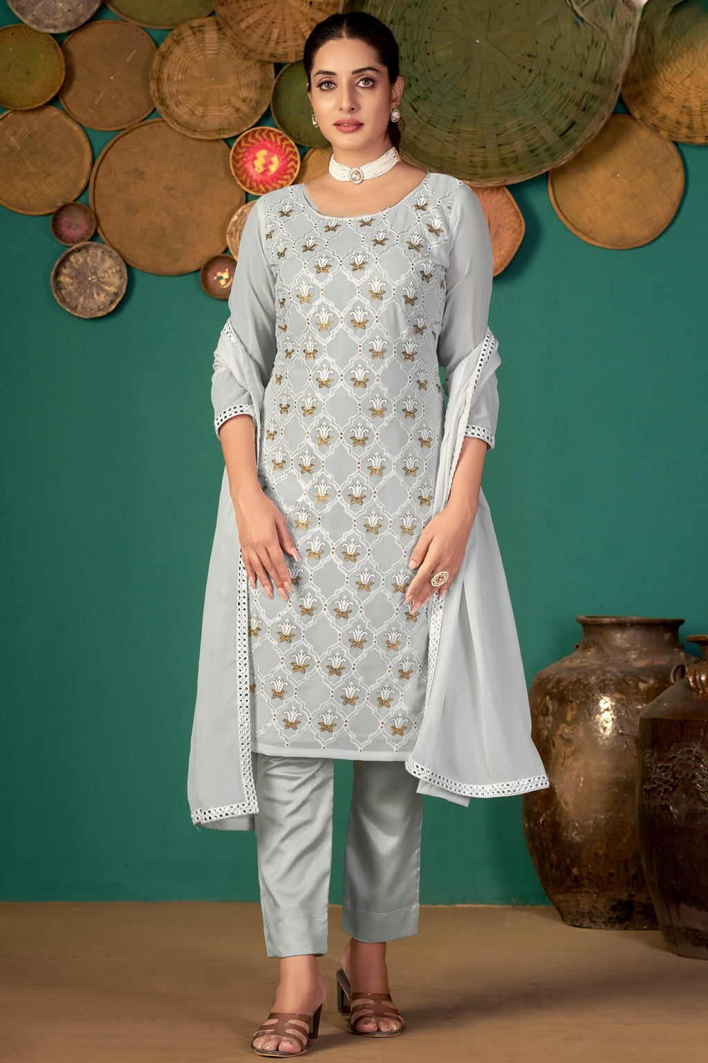 Light Gray Georgette Kameez with Pant For Ladies Indian Festivals & Weddings - Embroidery Work