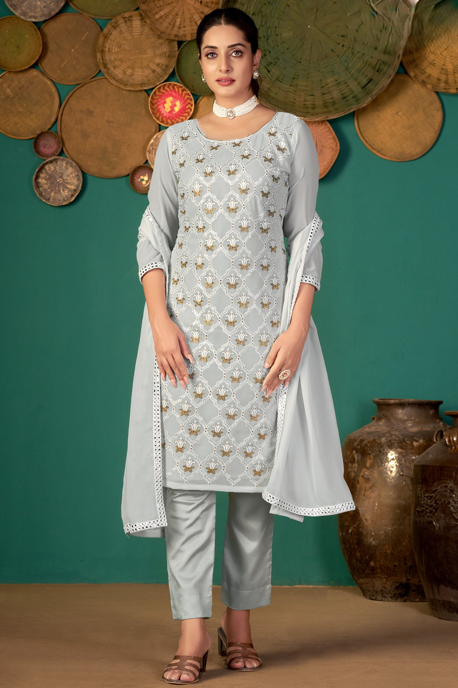 Light Gray Georgette Kameez with Pant For Ladies Indian Festivals & Weddings - Embroidery Work