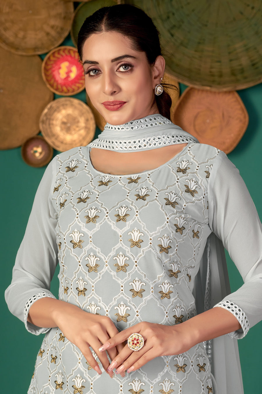 Light Gray Georgette Kameez with Pant For Ladies Indian Festivals & Weddings - Embroidery Work
