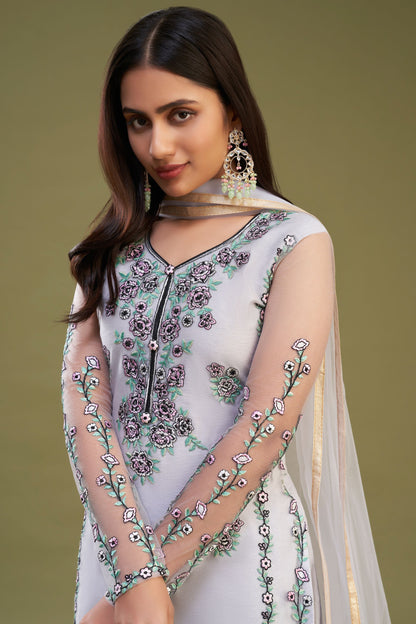 Light Gray Net Pakistani Salwar Kameez Suit For Indian Festivals & Weddings - Thread Embroidery Work