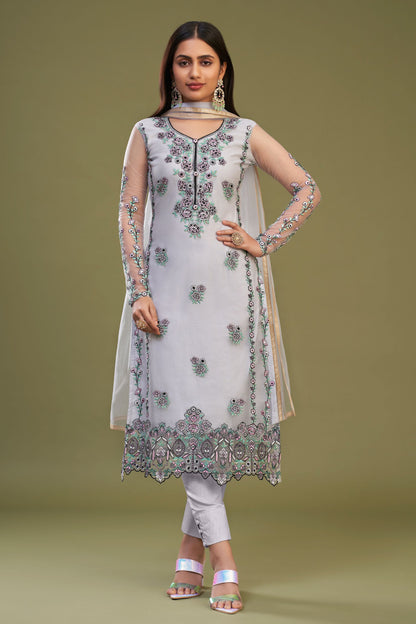 Light Gray Net Pakistani Salwar Kameez Suit For Indian Festivals & Weddings - Thread Embroidery Work