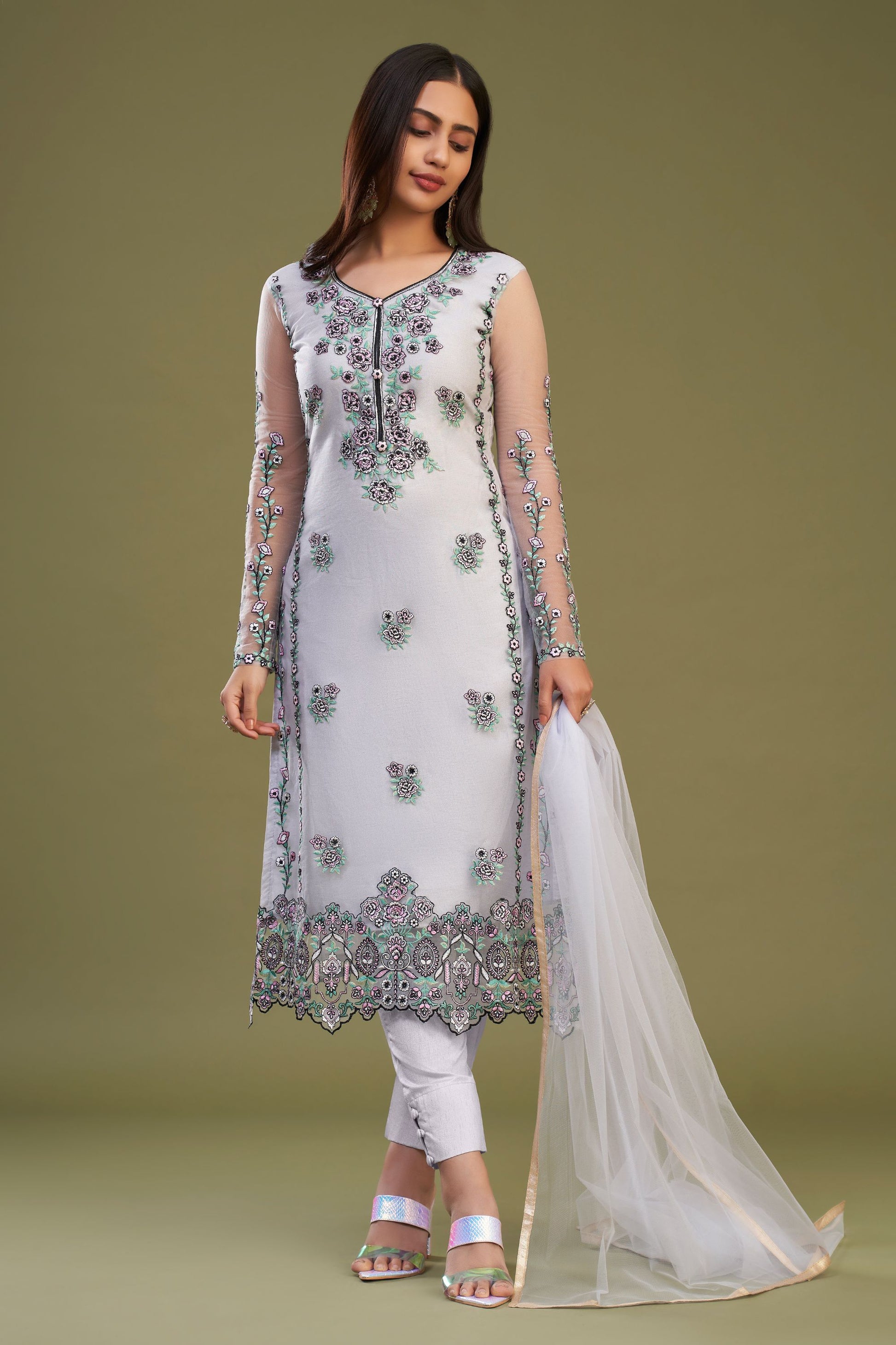 Light Gray Net Pakistani Salwar Kameez Suit For Indian Festivals & Weddings - Thread Embroidery Work