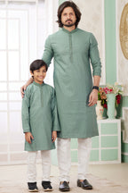 Light Green Art Silk Father Son Matching Combo Indo Western Traditional Sherwani Long Kurta & Pajama Suit for Wedding - Embroidery Work