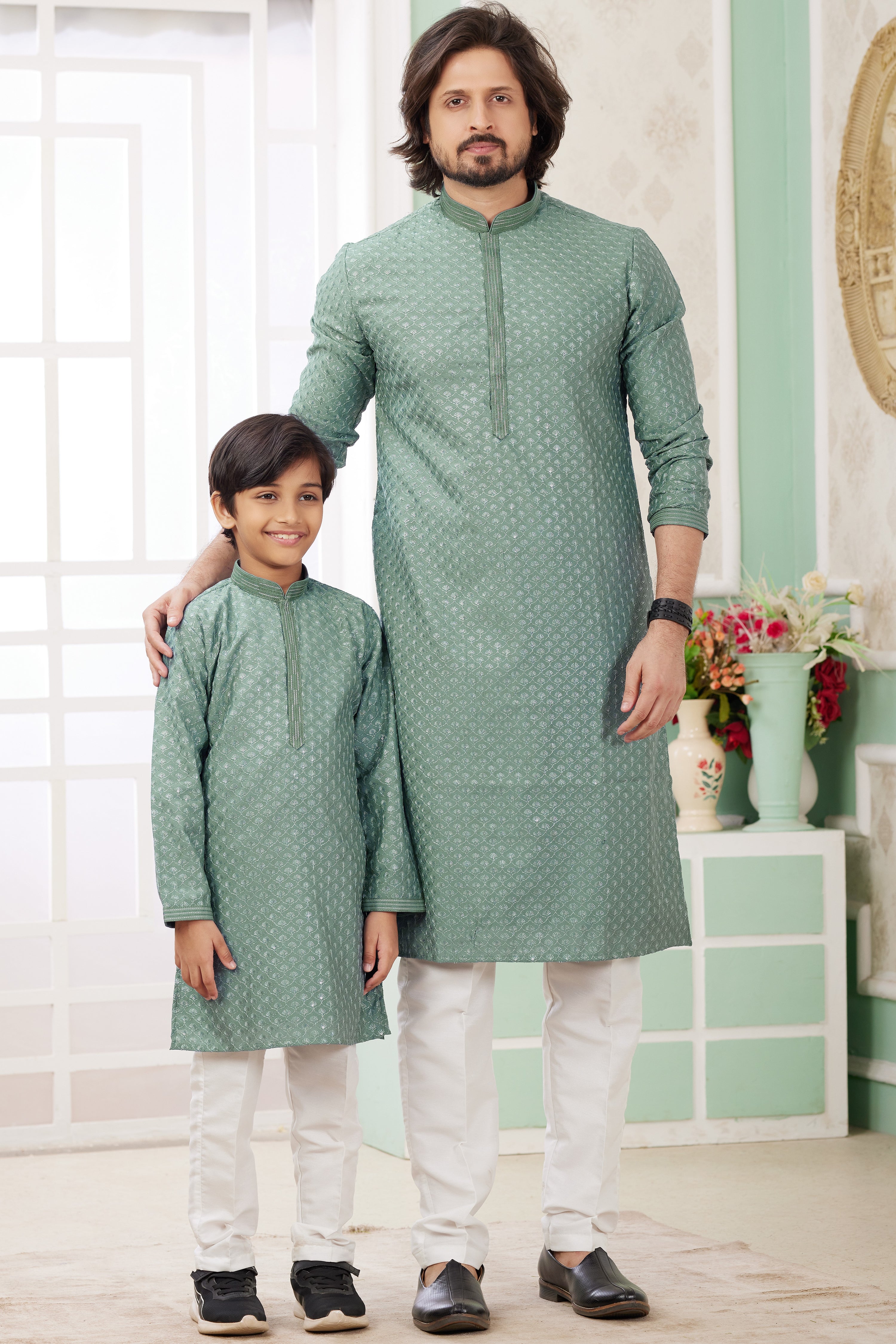 Light Green Art Silk Father Son Matching Combo Indo Western Traditional Sherwani Long Kurta & Pajama Suit for Wedding - Embroidery Work