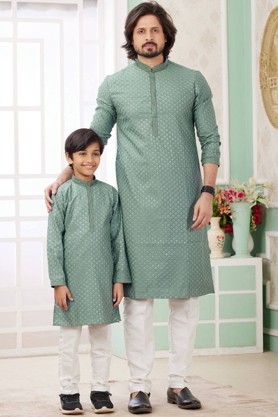 Light Green Art Silk Father Son Matching Combo Indo Western Traditional Sherwani Long Kurta & Pajama Suit for Wedding - Embroidery Work