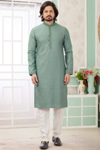Light Green Art Silk Father Son Matching Combo Indo Western Traditional Sherwani Long Kurta & Pajama Suit for Wedding - Embroidery Work