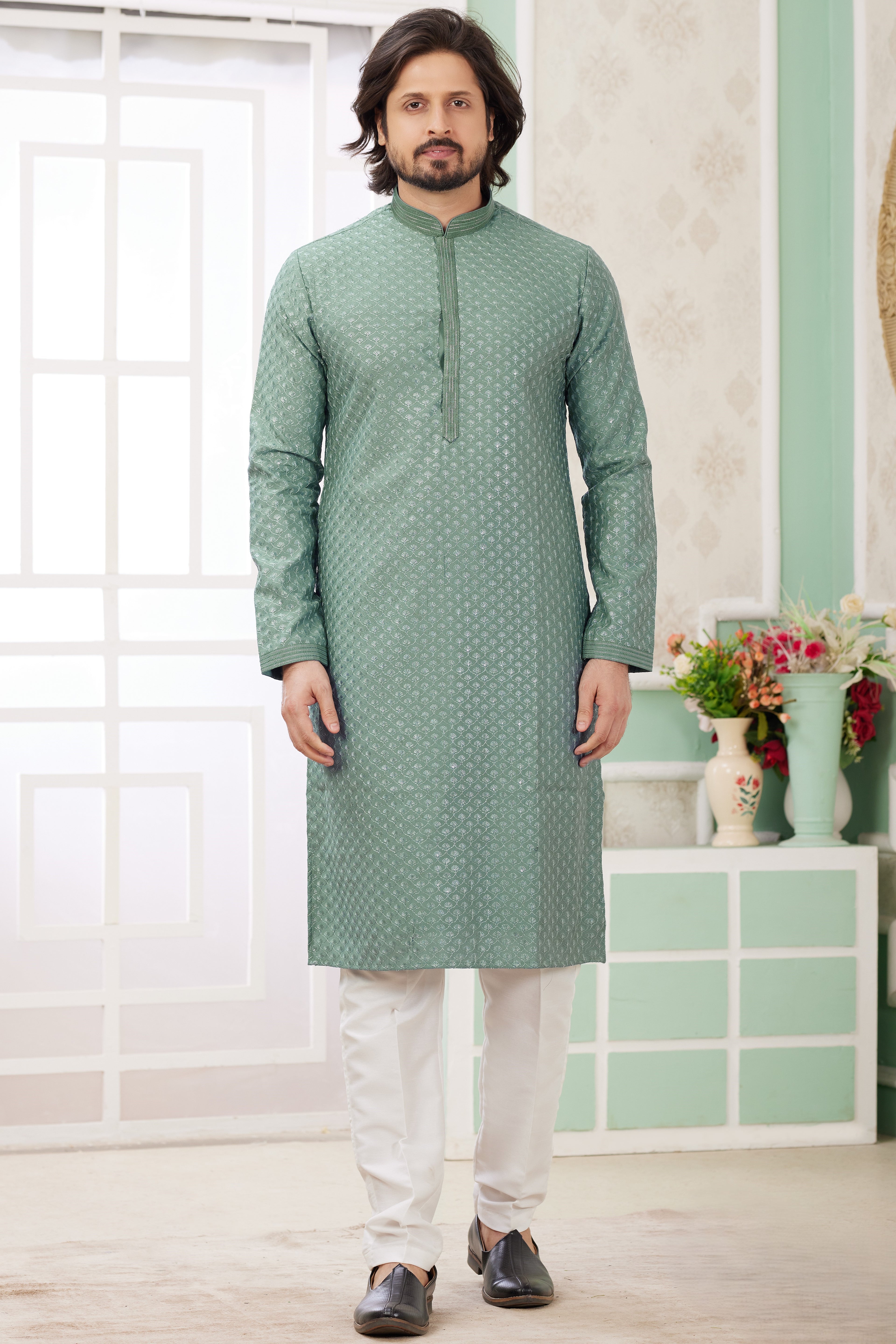 Light Green Art Silk Father Son Matching Combo Indo Western Traditional Sherwani Long Kurta & Pajama Suit for Wedding - Embroidery Work