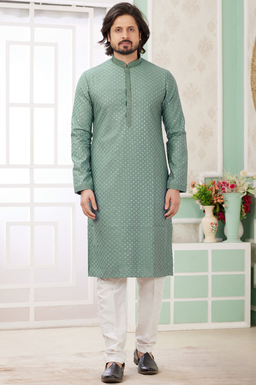 Light Green Art Silk Father Son Matching Combo Indo Western Traditional Sherwani Long Kurta & Pajama Suit for Wedding - Embroidery Work