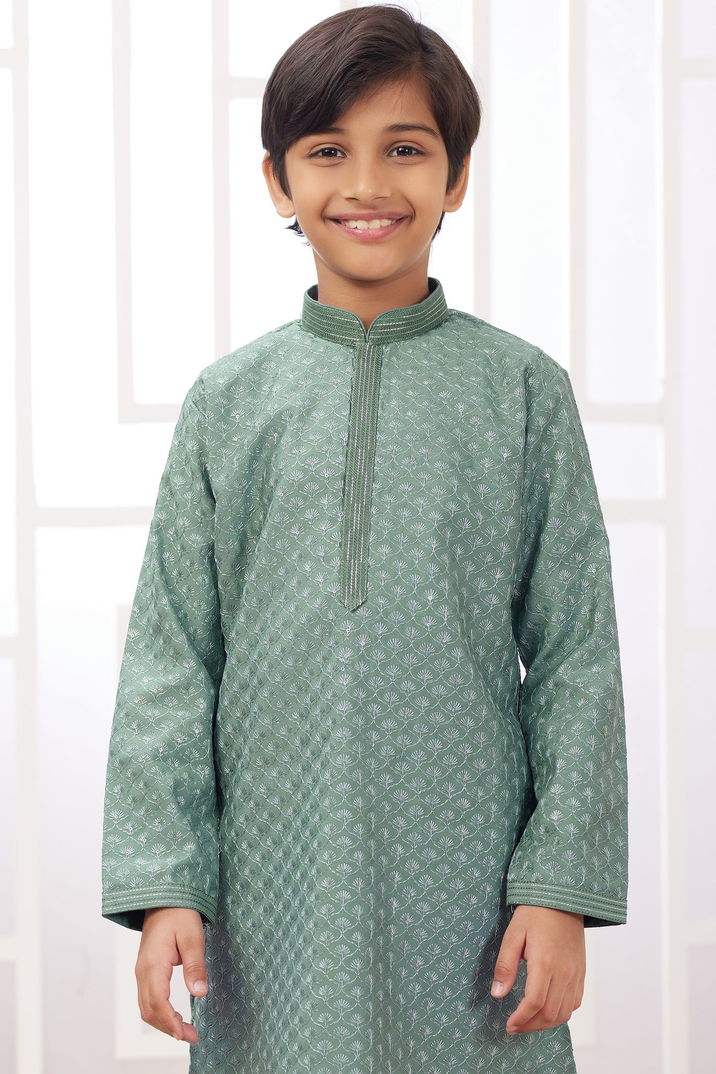 Light Green Art Silk Father Son Matching Combo Indo Western Traditional Sherwani Long Kurta & Pajama Suit for Wedding - Embroidery Work