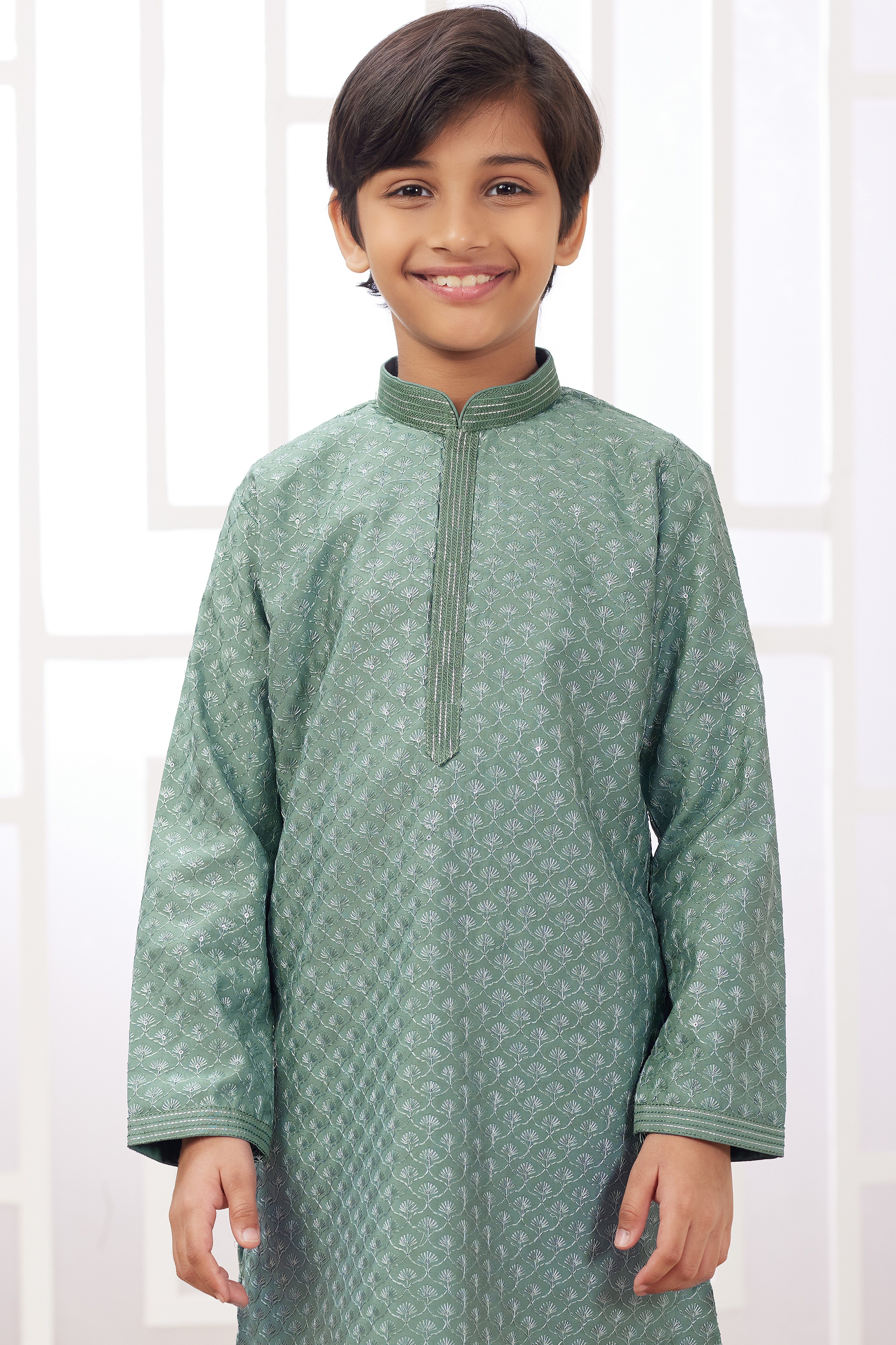 Light Green Art Silk Father Son Matching Combo Indo Western Traditional Sherwani Long Kurta & Pajama Suit for Wedding - Embroidery Work