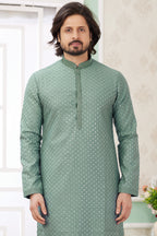 Light Green Art Silk Father Son Matching Combo Indo Western Traditional Sherwani Long Kurta & Pajama Suit for Wedding - Embroidery Work