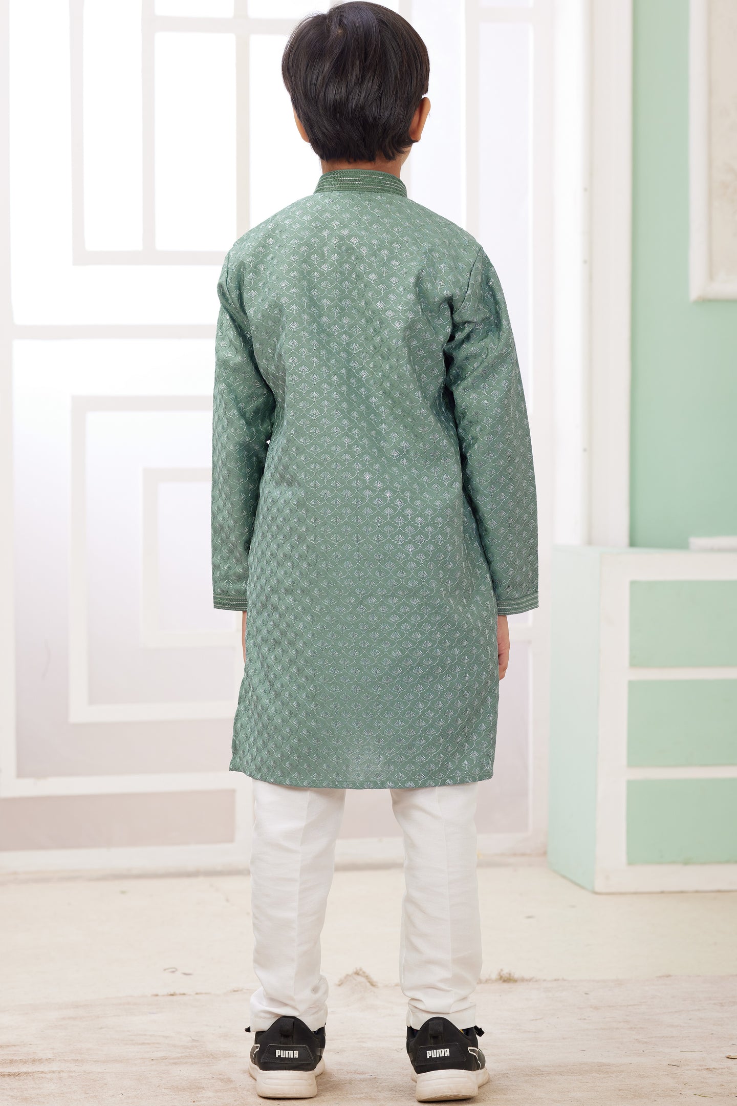 Light Green Art Silk Father Son Matching Combo Indo Western Traditional Sherwani Long Kurta & Pajama Suit for Wedding - Embroidery Work