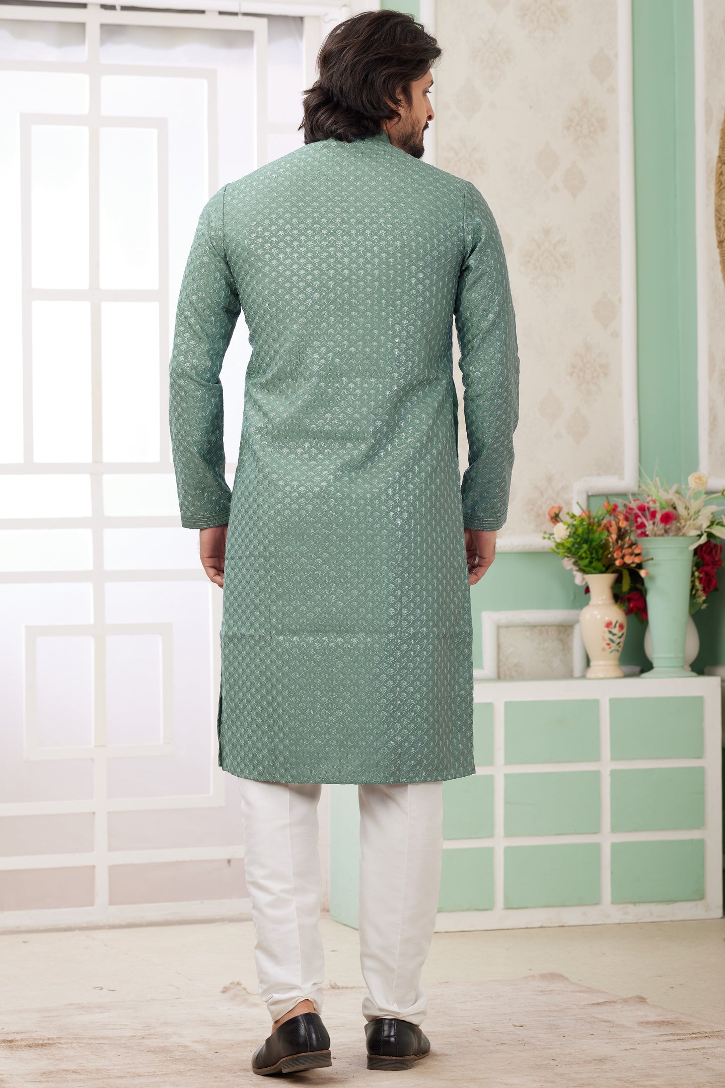 Light Green Art Silk Father Son Matching Combo Indo Western Traditional Sherwani Long Kurta & Pajama Suit for Wedding - Embroidery Work
