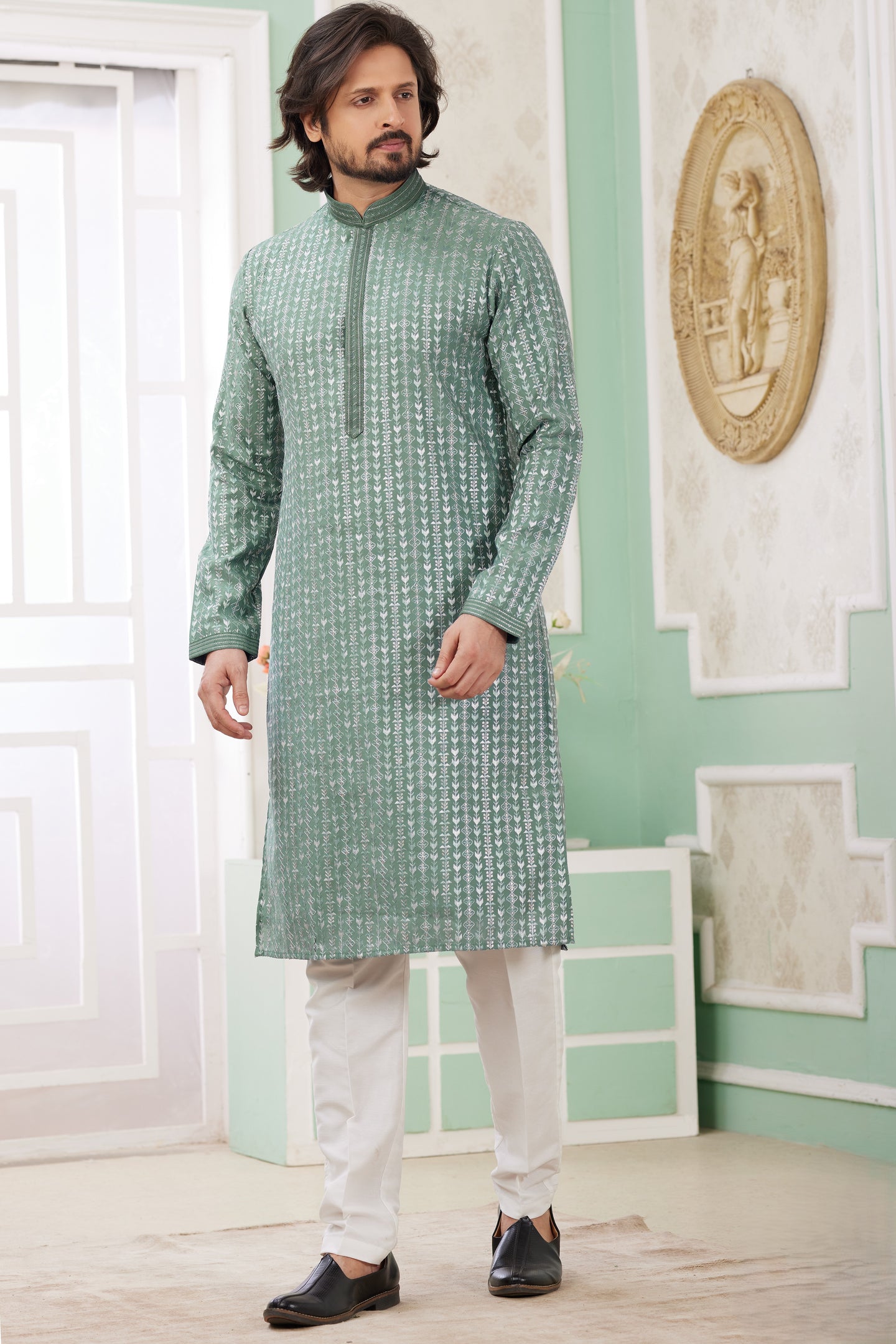 Light Green Art Silk Indo Western Traditional Sherwani Long Kurta & Pant Suit for Men for Wedding - Embrodery Work