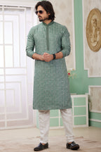 Light Green Art Silk Indo Western Traditional Sherwani Long Kurta & Pant Suit for Men for Wedding - Embrodery Work