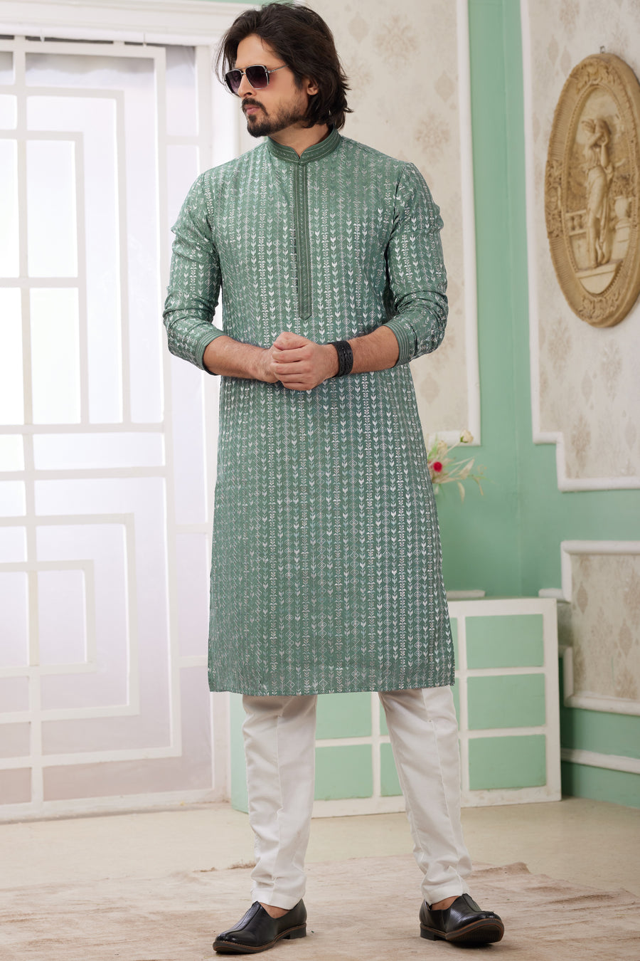 Light Green Art Silk Indo Western Traditional Sherwani Long Kurta & Pant Suit for Men for Wedding - Embrodery Work