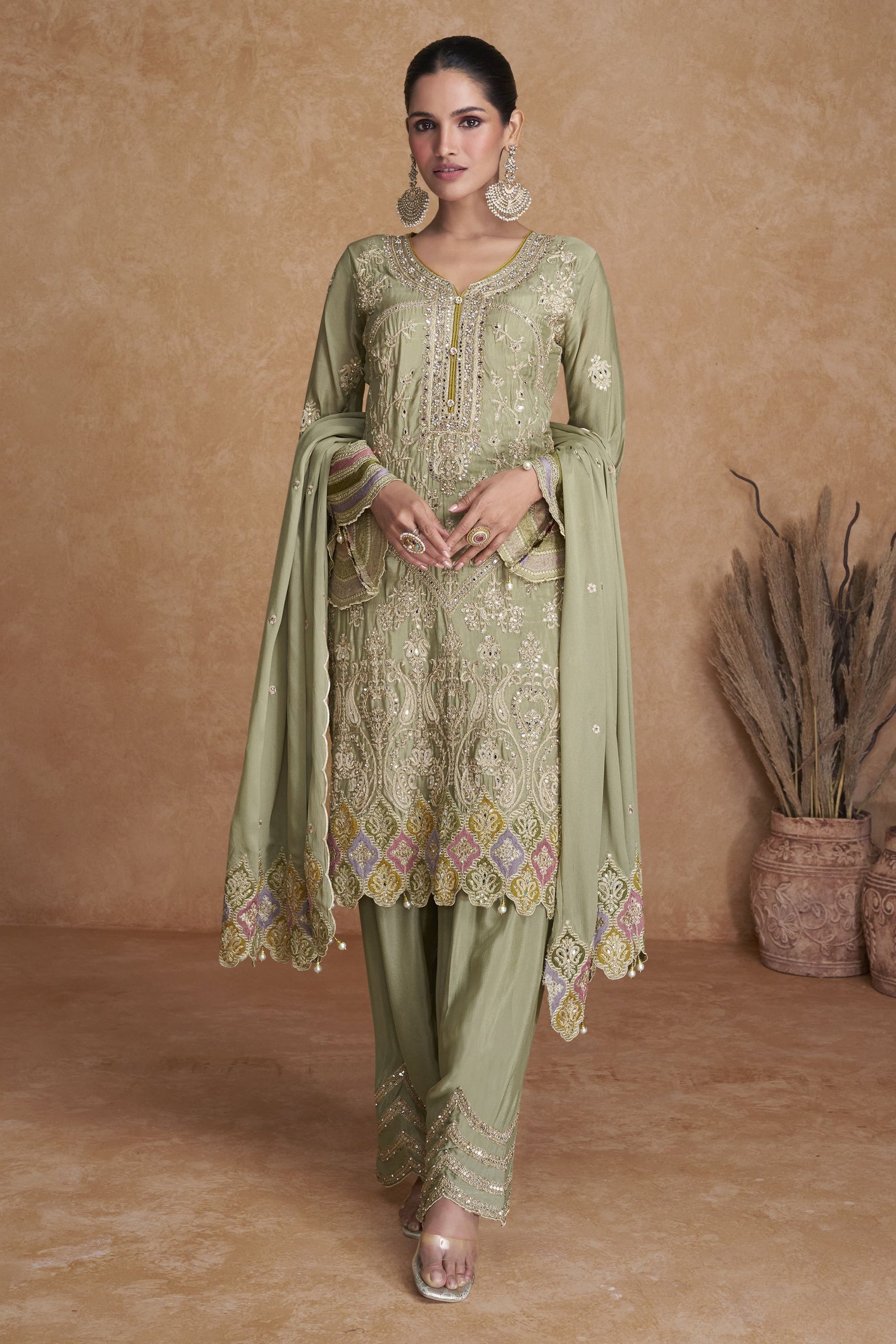 Light Green Chinon Silk Palazzo Suit For Indian Weddings & Pakitani Festival - Embroidery Work