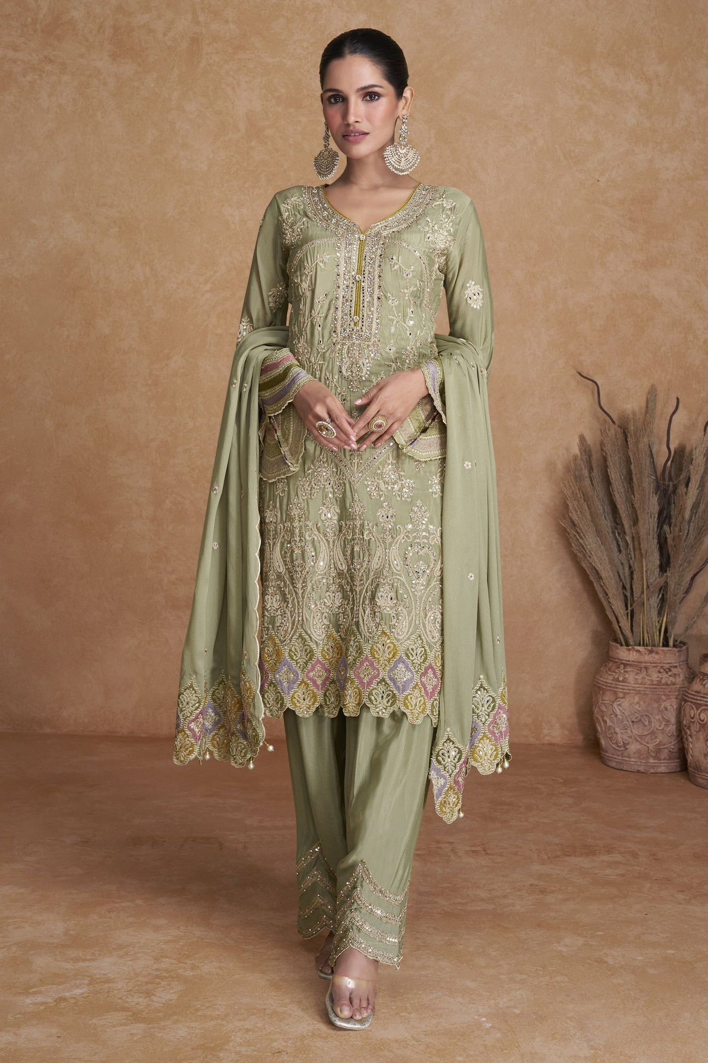 Light Green Chinon Silk Palazzo Suit For Indian Weddings & Pakitani Festival - Embroidery Work