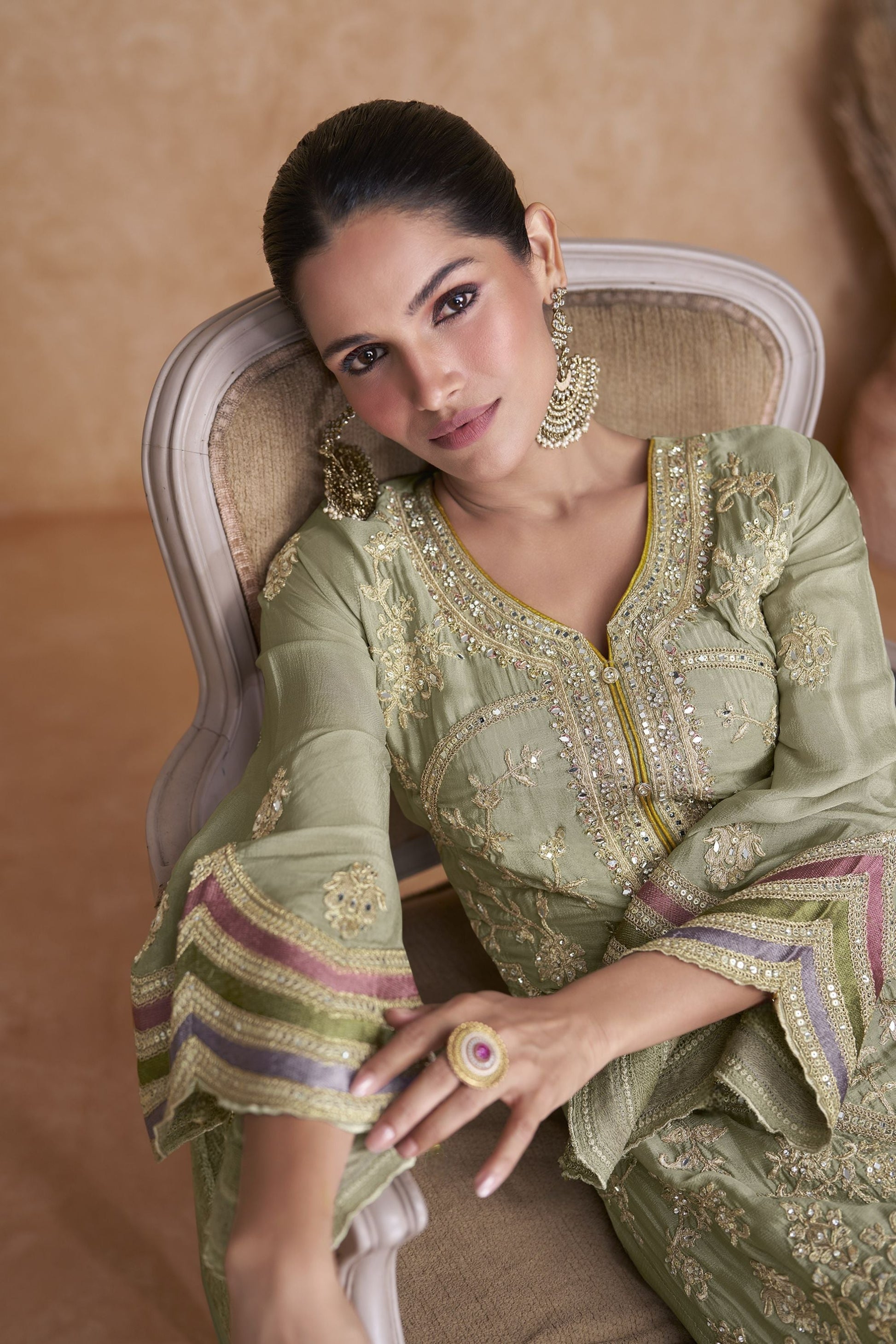 Light Green Chinon Silk Palazzo Suit For Indian Weddings & Pakitani Festival - Embroidery Work