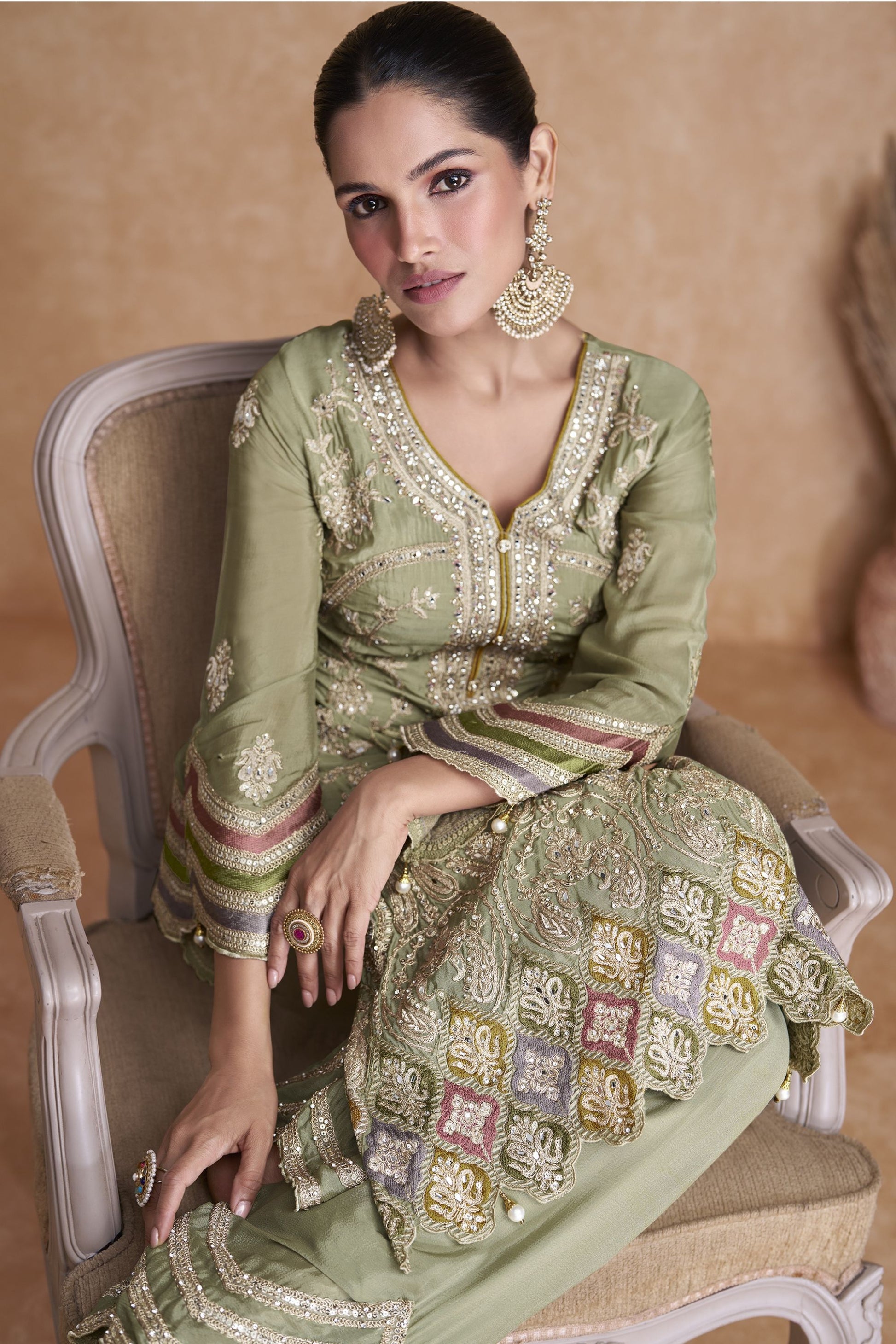 Light Green Chinon Silk Palazzo Suit For Indian Weddings & Pakitani Festival - Embroidery Work