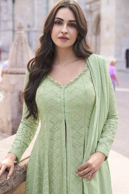 Light Green Georgette Palazzo Suit Dress For Indian Festivals & Pakistani Weddings - Embroidery Work