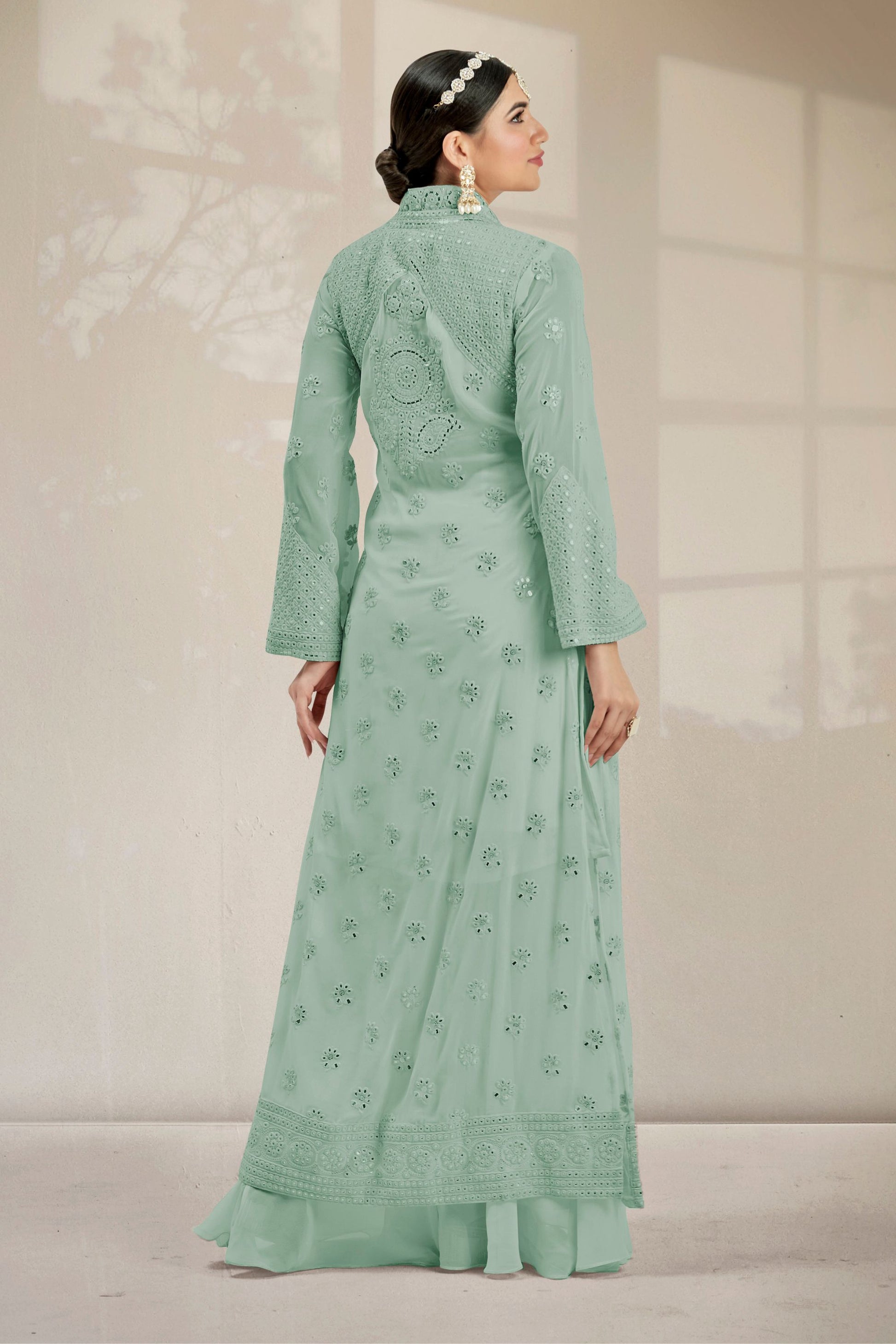 Light Green Georgette Palazzo Suit With Koti Jacket For Indian Festivals & Weddings - Resham Embroidery Work, Mirror Work