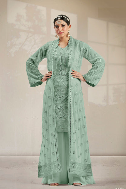 Light Green Georgette Palazzo Suit With Koti Jacket For Indian Festivals & Weddings - Resham Embroidery Work, Mirror Work