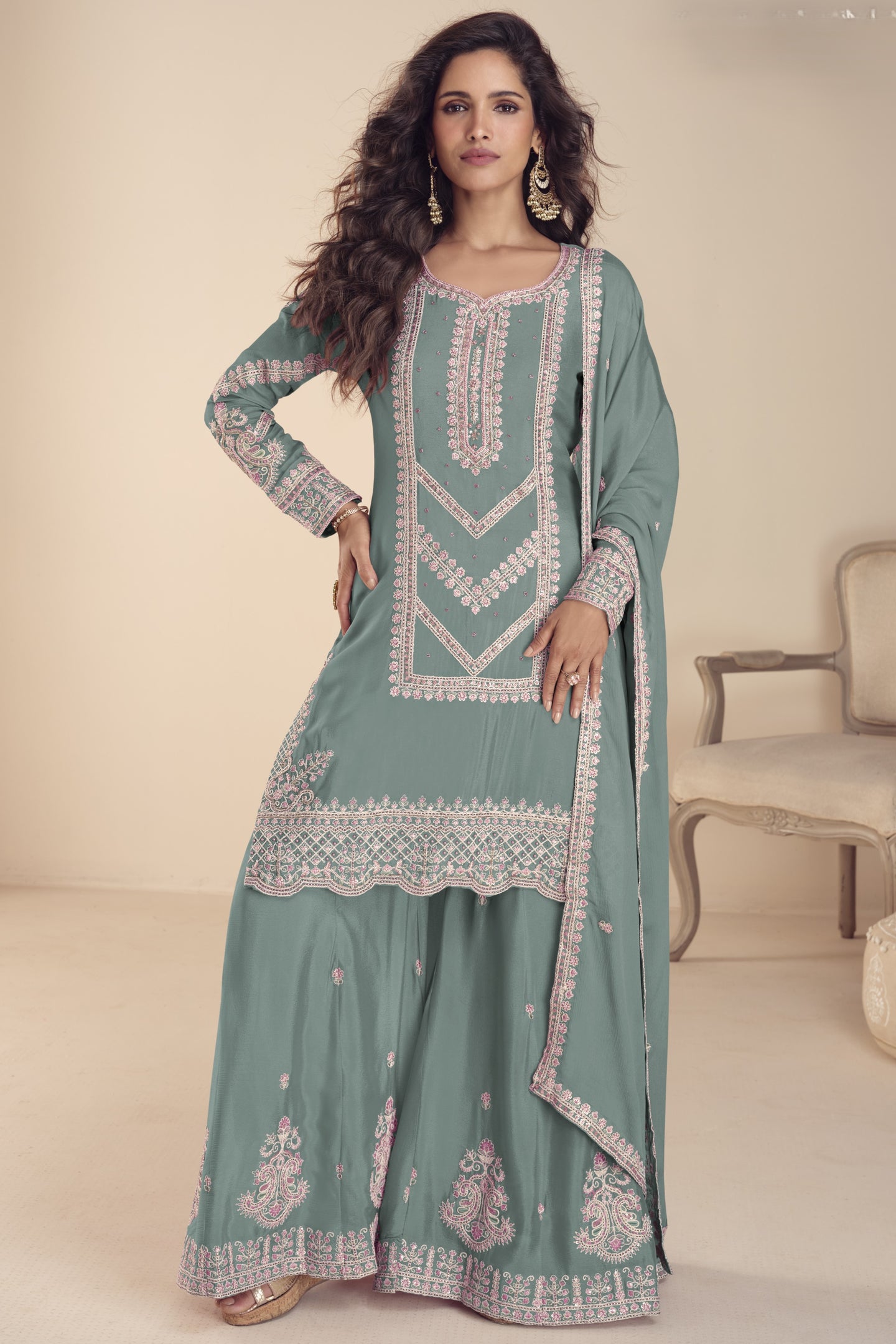 Light Green Indian Wedding Dresses: Chinon Silk Palazzo Suit with Moti & Thread Embroidery