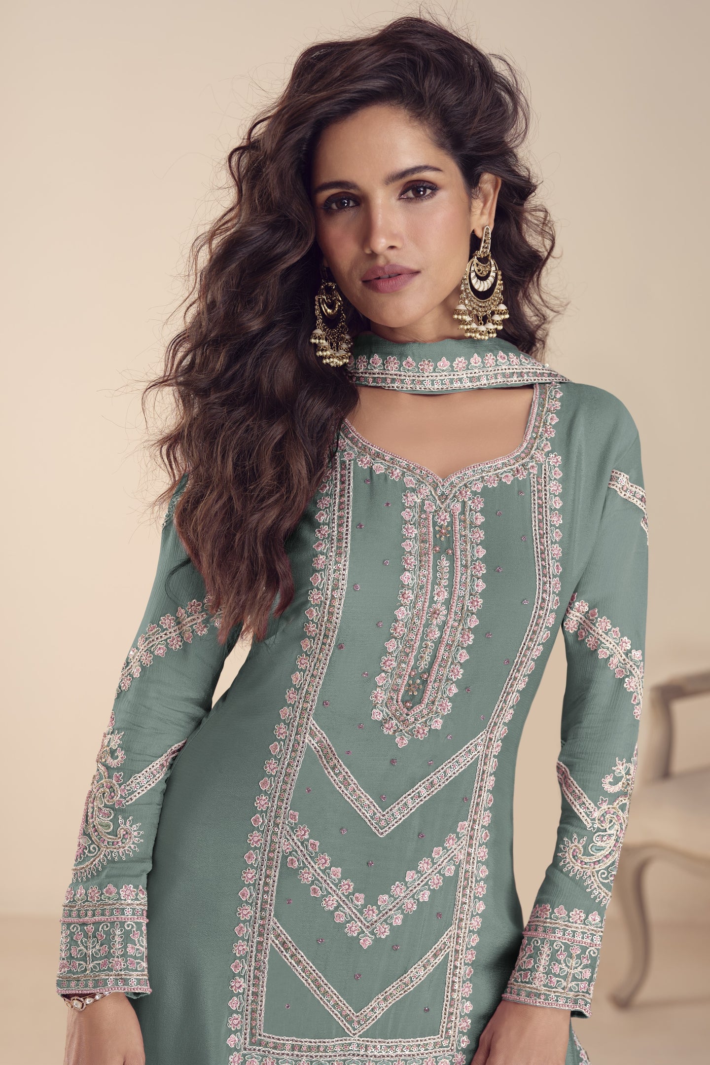 Indian Wedding Dresses Dusty Rama Chinon Silk Palazzo Suit with Moti Work