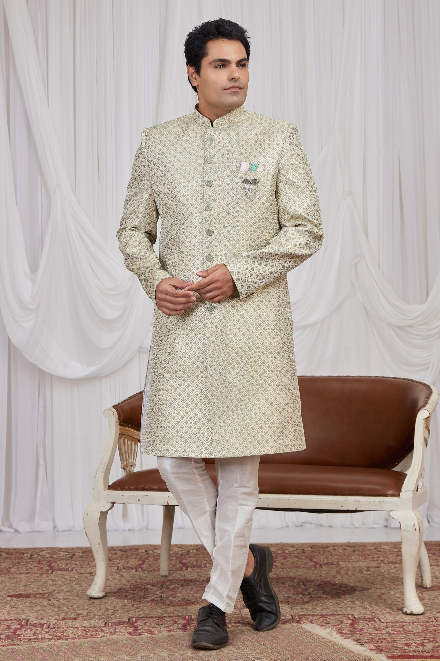 Light Green Jacquard Weaving Kurta Pajama Male Sherwani