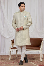 Cream Kurta Pajama Male for Wedding - Jacquard Weaving Work