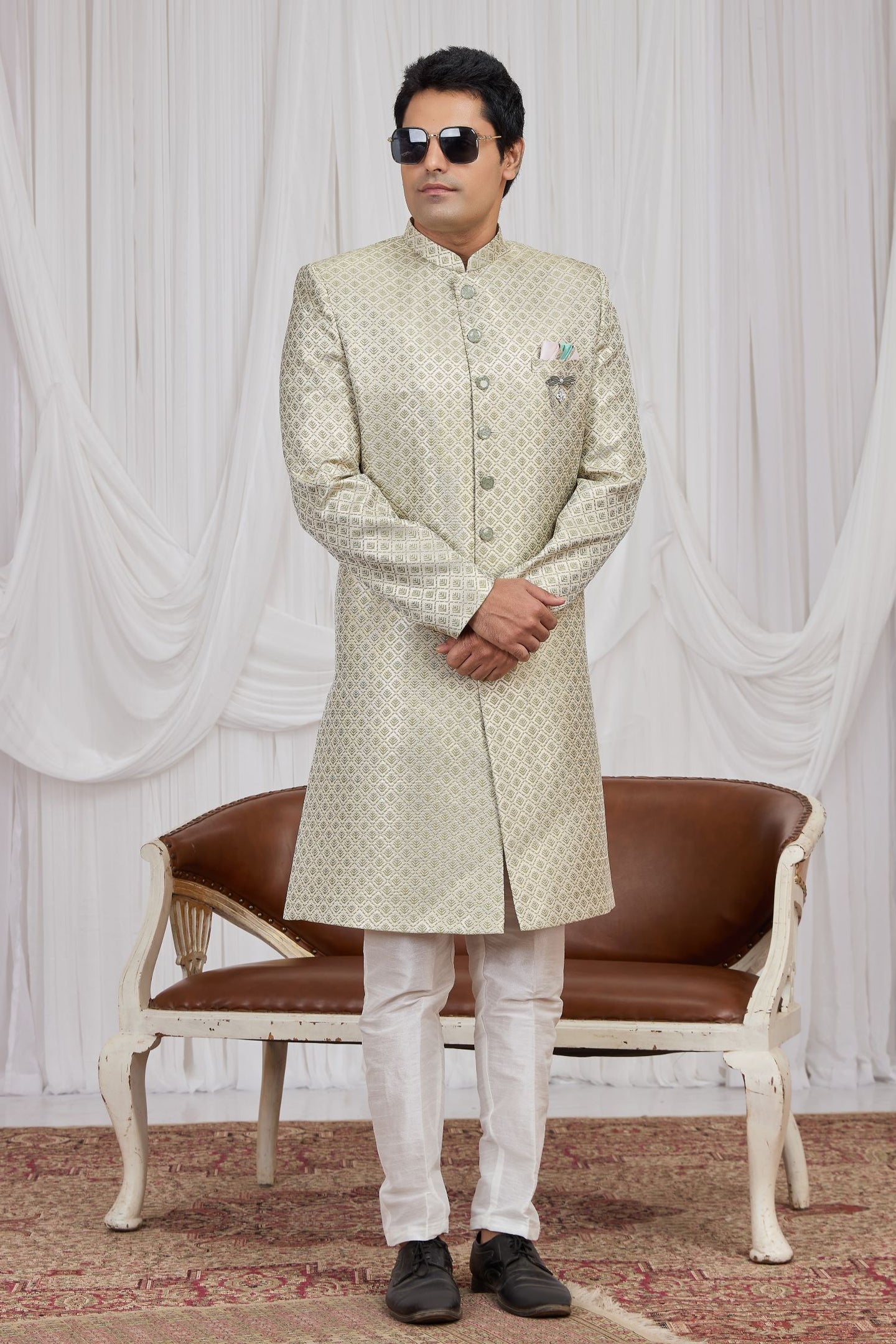 Light Green Jacquard Weaving Kurta Pajama Male Sherwani