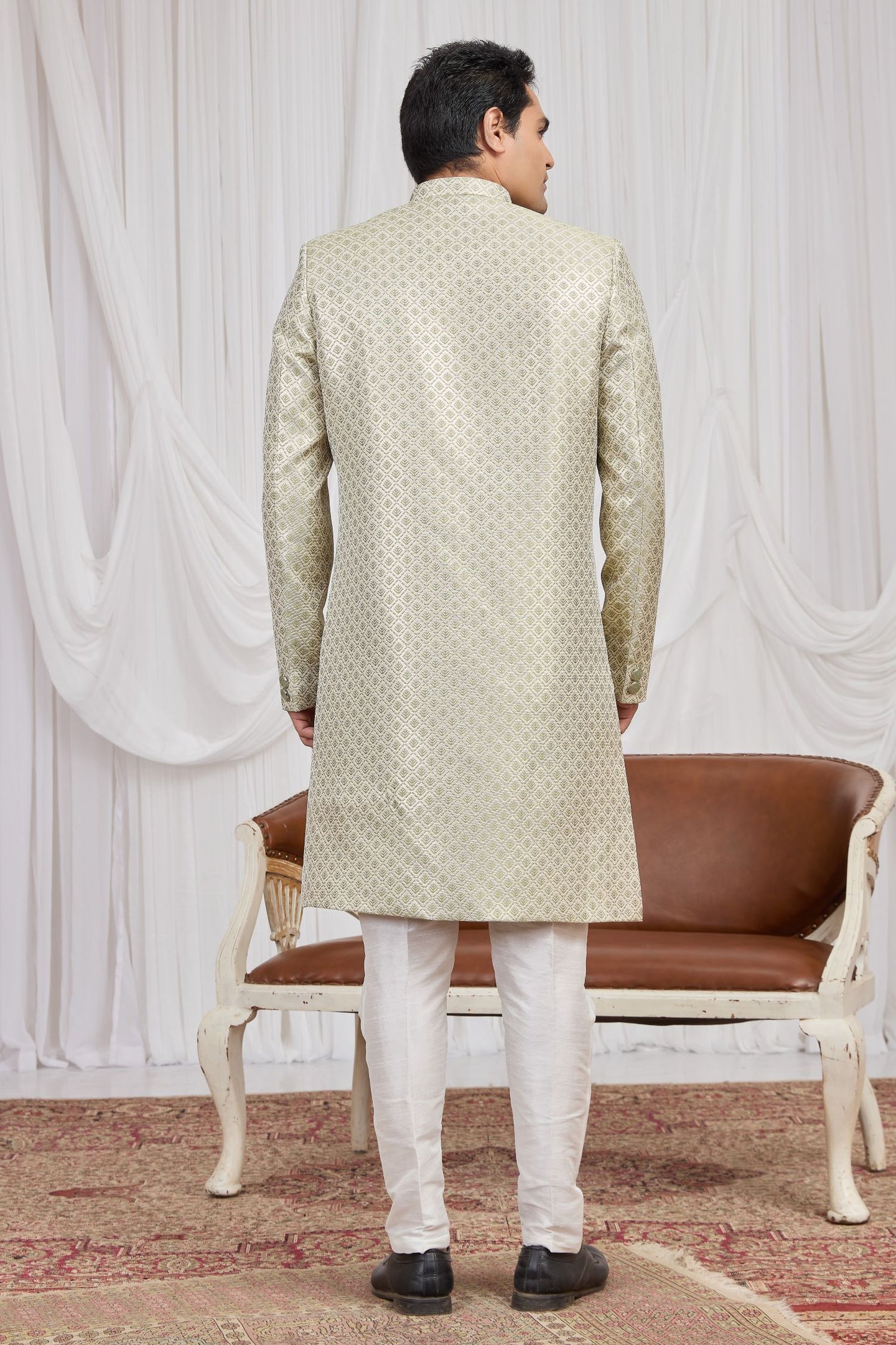 Light Green Jacquard Weaving Kurta Pajama Male Sherwani