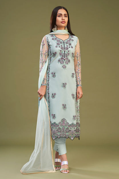 Light Green Net Pakistani Salwar Kameez Suit For Indian Festivals & Weddings - Thread Embroidery Work