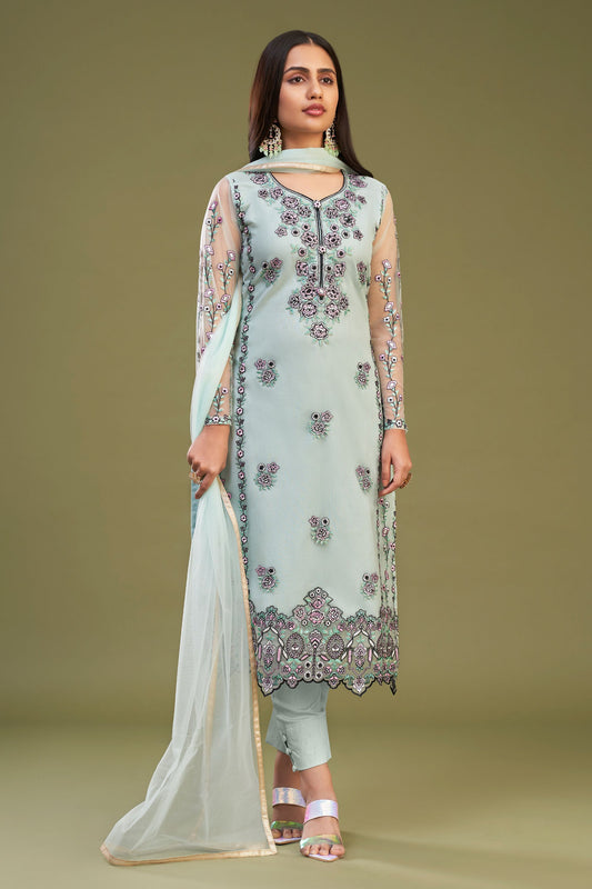 Light Green Net Pakistani Salwar Kameez Suit For Indian Festivals & Weddings - Thread Embroidery Work