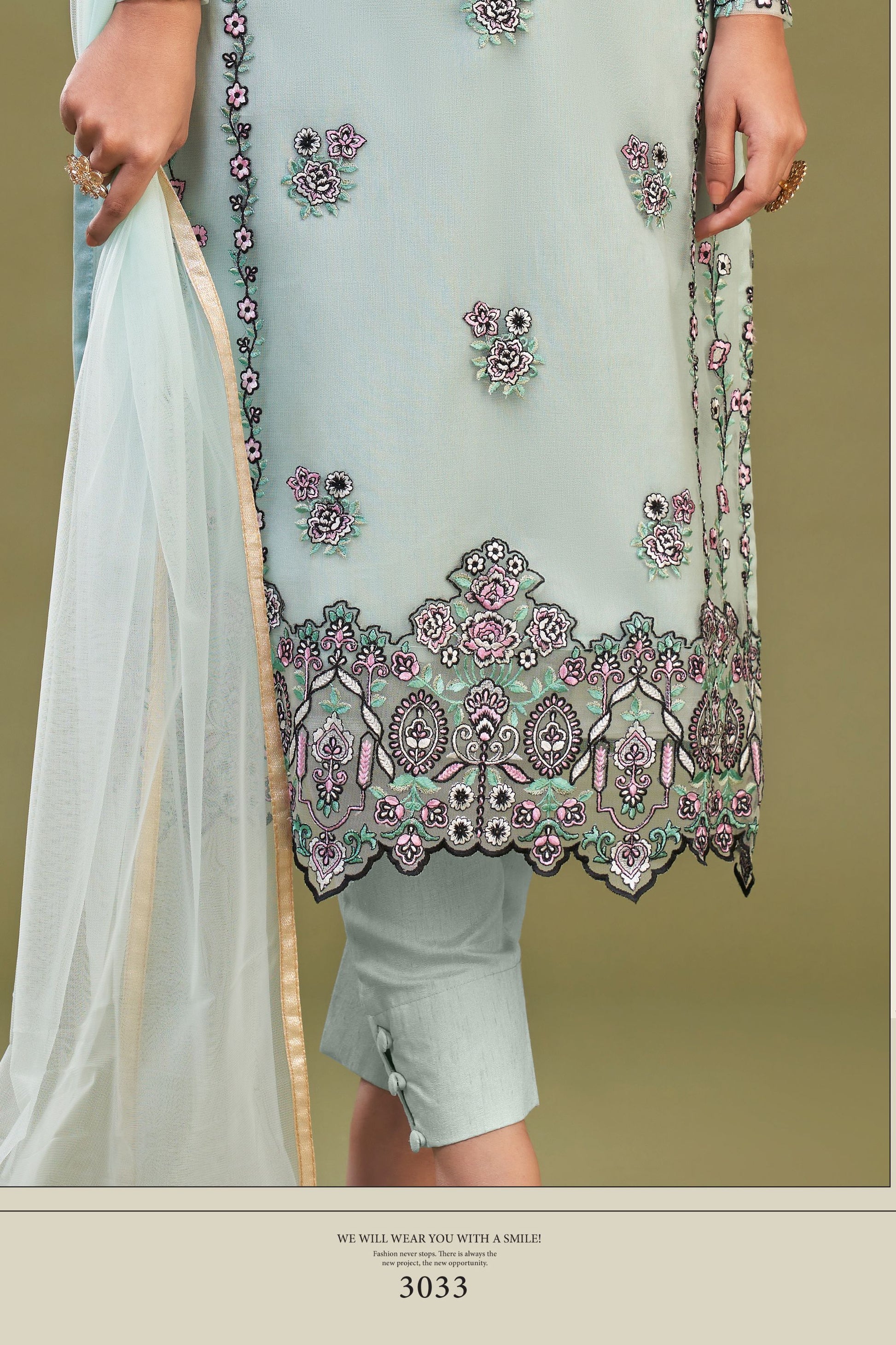 Light Green Net Pakistani Salwar Kameez Suit For Indian Festivals & Weddings - Thread Embroidery Work